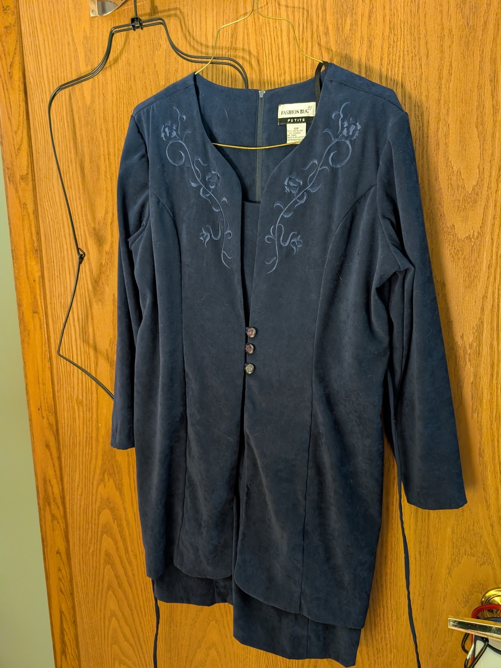 Fashion Bug Women's Faux Suede Navy Blue Embroidered Dress W/ Attached Jacket